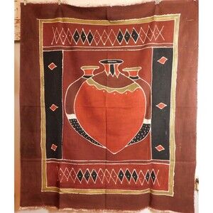 African Textile Batik Fabric Wall Hanging Painted Fringe Blanket Pottery 68x58